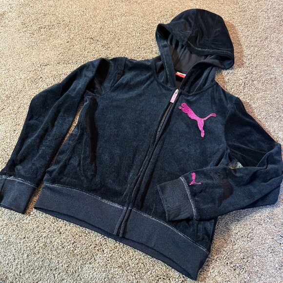 PUMA Kids Logo Full Zip Hoodie Sweatshirt Black Velvet Hot Pink Size Girls L - Picture 1 of 6